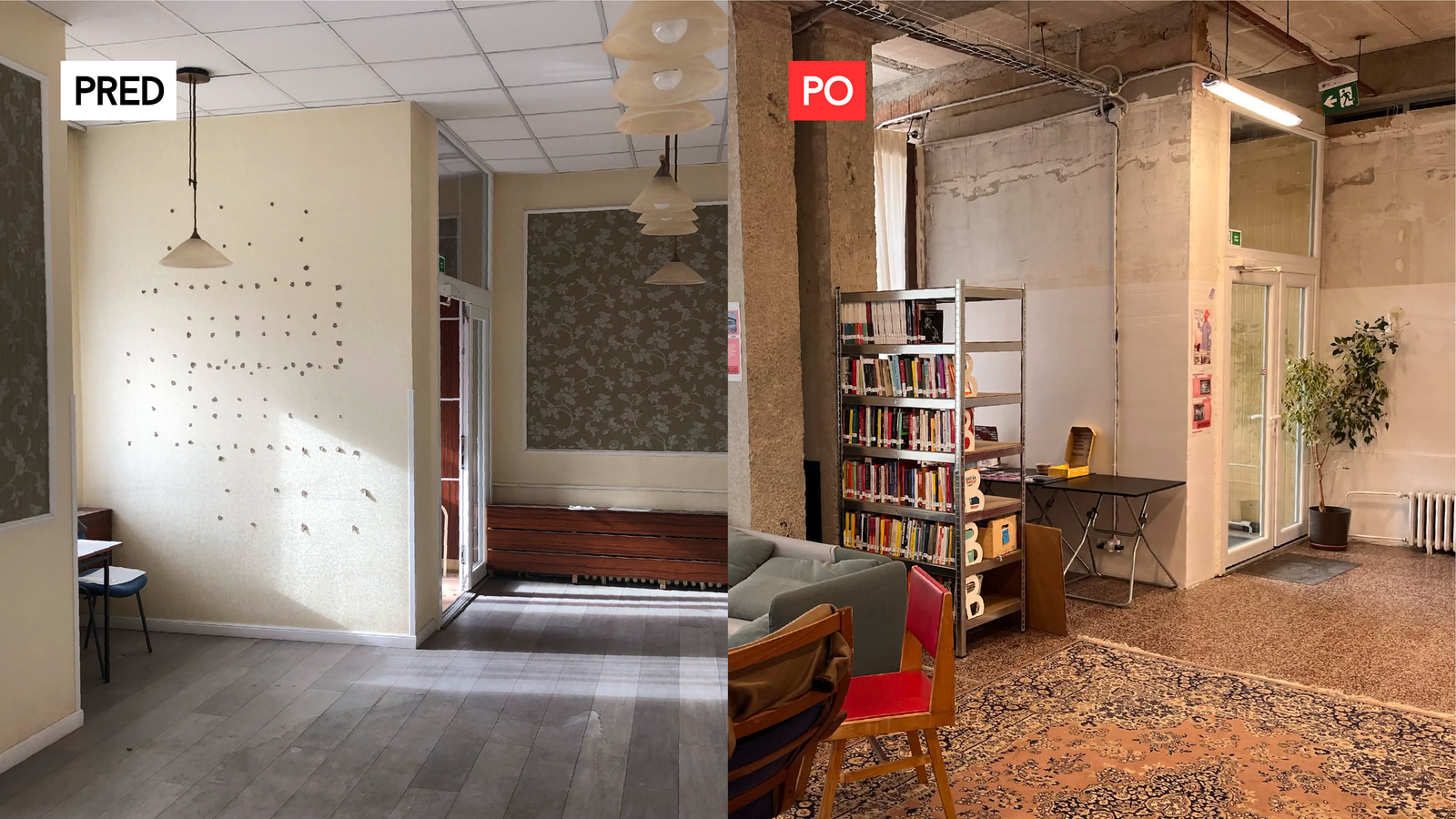 Infoshop pred a po rekonštrukcii (pohľad na vstup)