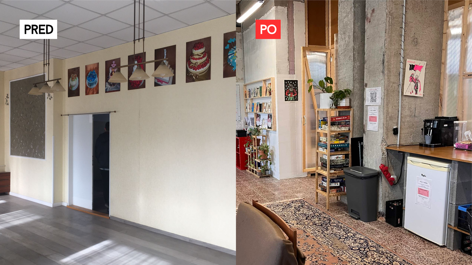 Infoshop pred a po rekonštrukcii (pohľad smerom do sály)